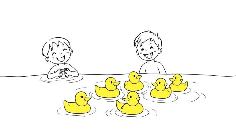 Una placa de color en blanco y negro de dos niños sonrientes jugando en el agua rodeados de patitos de goma amarillos.