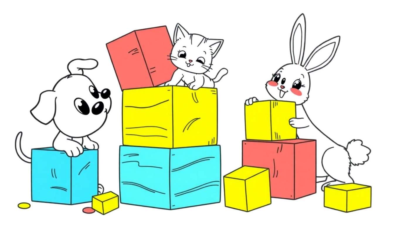 Un cachorro, gato y conejo jugando con bloques de colores en una página para colorear.