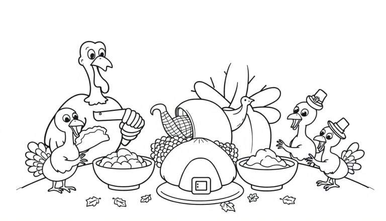 Una página para colorear de Día de Acción de Gracias con dibujos lineales de una familia de pavos. Los pavos adultos están sentados a una mesa festiva con sus pajaritos, compartiendo una comida. La imagen incluye elementos de otoño y la palabra 'placa de color'.