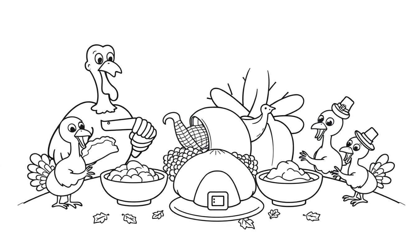 Una página para colorear de Día de Acción de Gracias con dibujos lineales de una familia de pavos. Los pavos adultos están sentados a una mesa festiva con sus pajaritos, compartiendo una comida. La imagen incluye elementos de otoño y la palabra 'placa de color'.