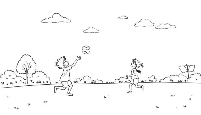 Dos niños jugando a la pelota en un campo soleado, con nubes y árboles al fondo. Una placa de color para que los niños la coloreen.