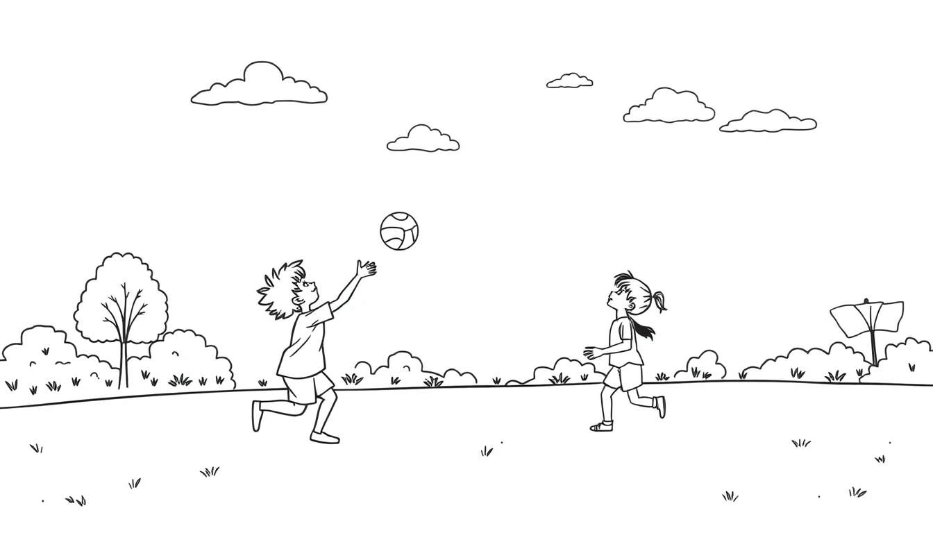 Dos niños jugando a la pelota en un campo soleado, con nubes y árboles al fondo. Una placa de color para que los niños la coloreen.
