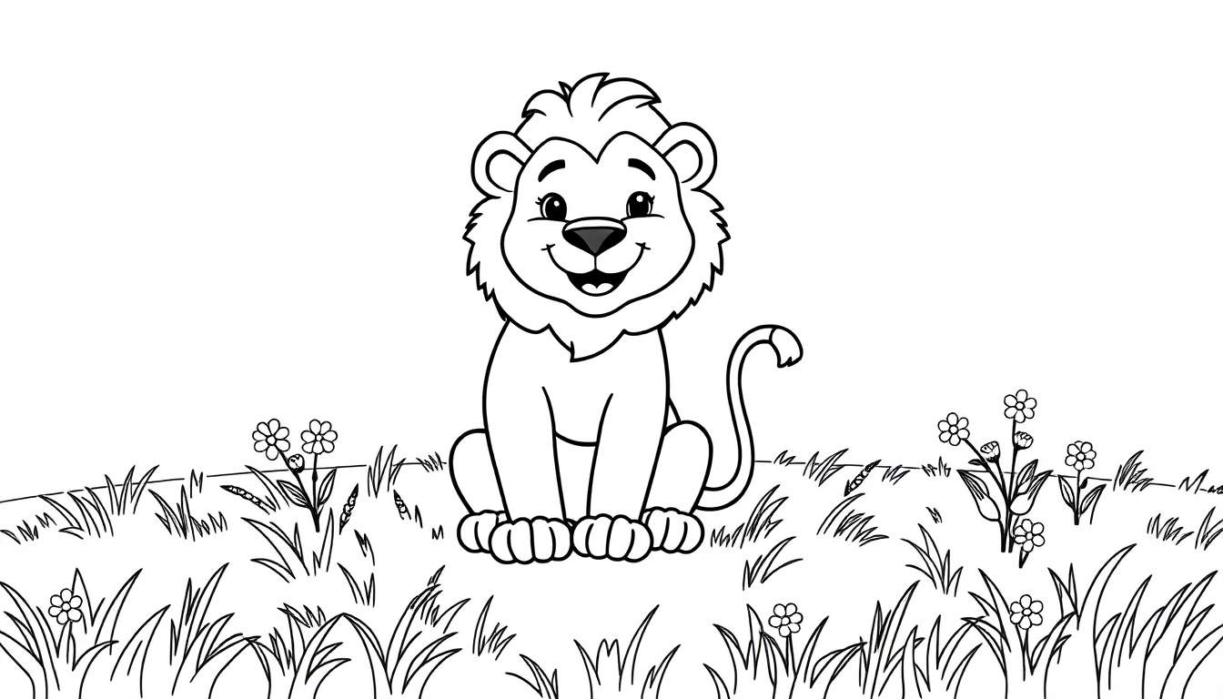 Un león sonriente sentado en la hierba, listo para ser coloreado, con la etiqueta de placa de color.
