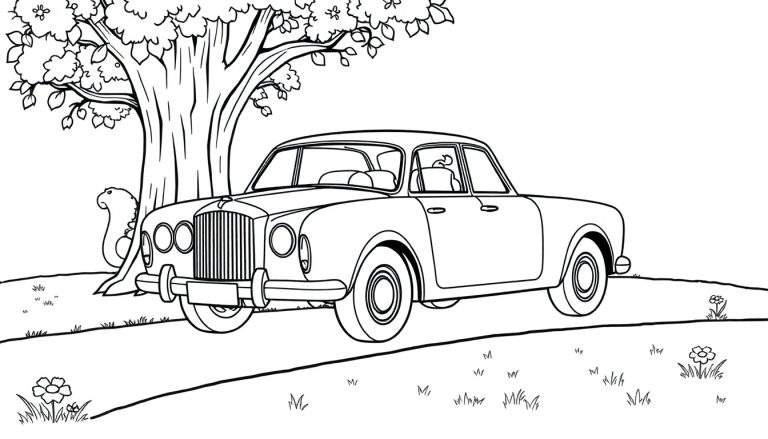 Un dibujo lineal en blanco y negro de un coche clásico Bentley aparcado bajo un árbol frondoso, con una ardilla cerca, listo para colorear. La placa de color está ausente, invitando a la imaginación.