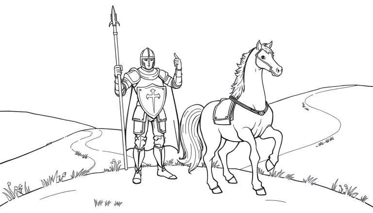 Caballero valiente en armadura y caballo, listo para una aventura, para colorear. Placa de color.