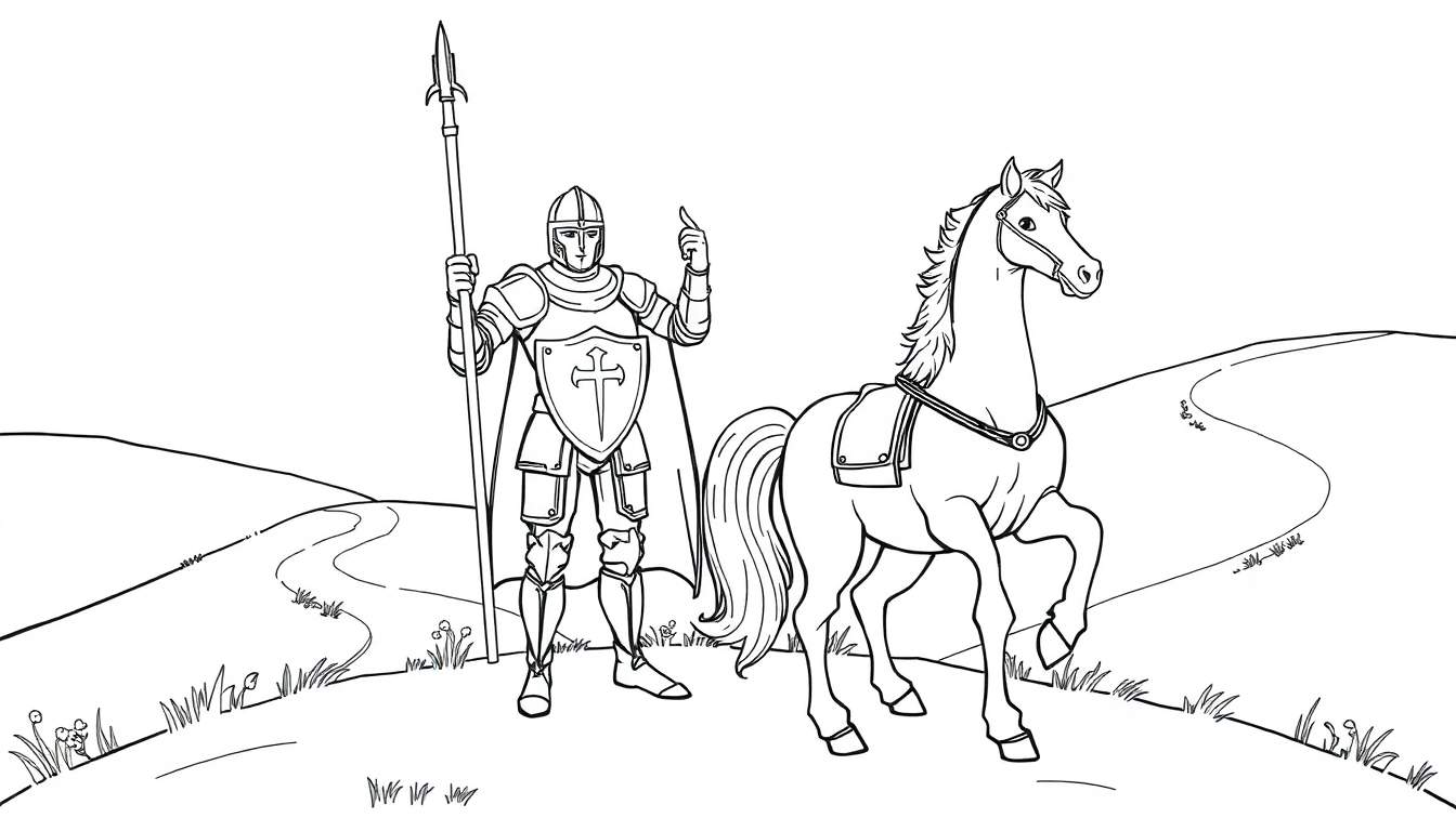 Caballero valiente en armadura y caballo, listo para una aventura, para colorear. Placa de color.