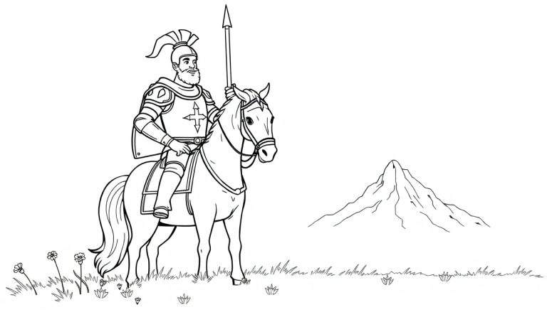 Un caballero con armadura en un caballo, listo para la aventura, ideal para colorear con placa de color.