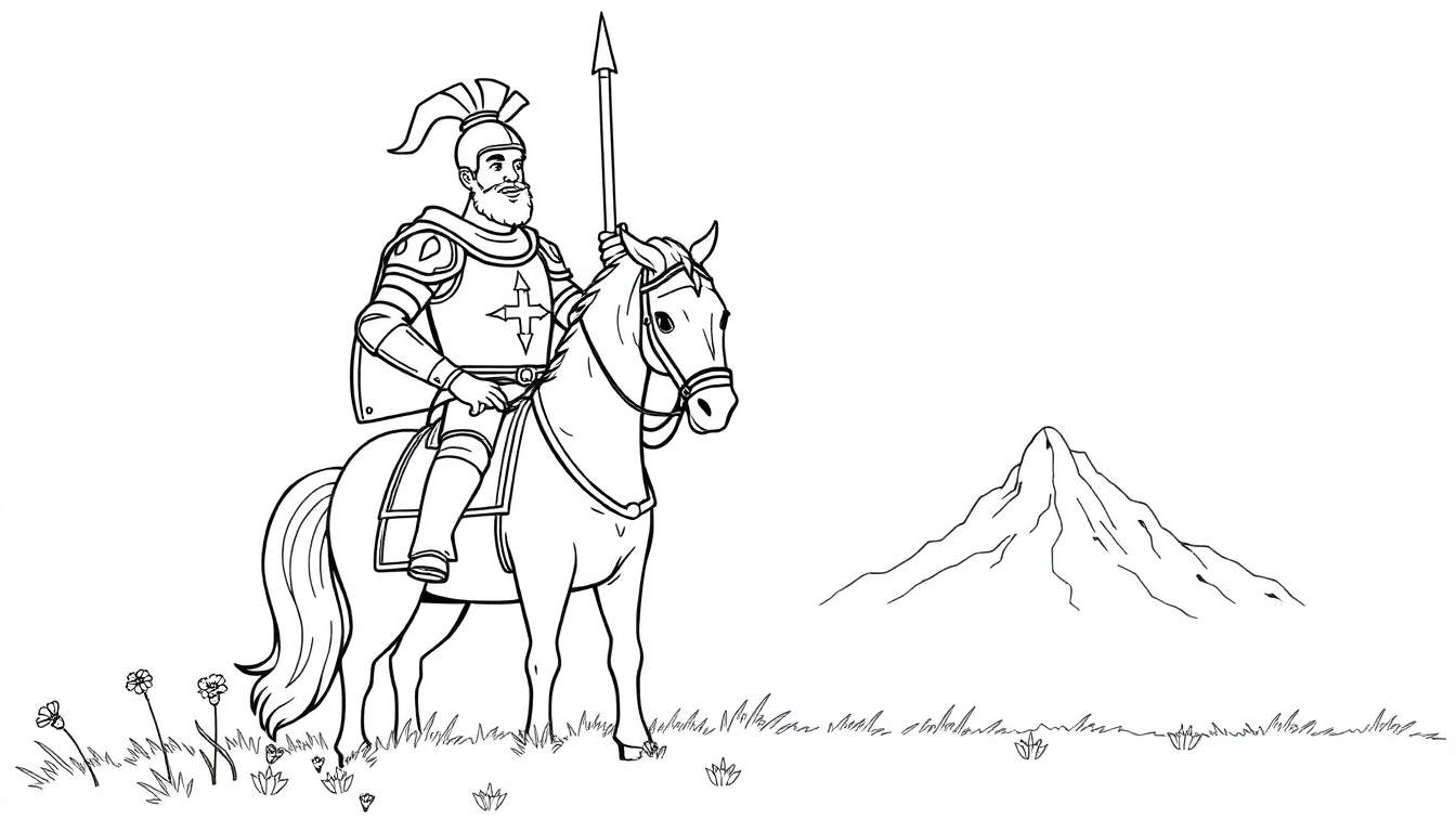 Un caballero con armadura en un caballo, listo para la aventura, ideal para colorear con placa de color.