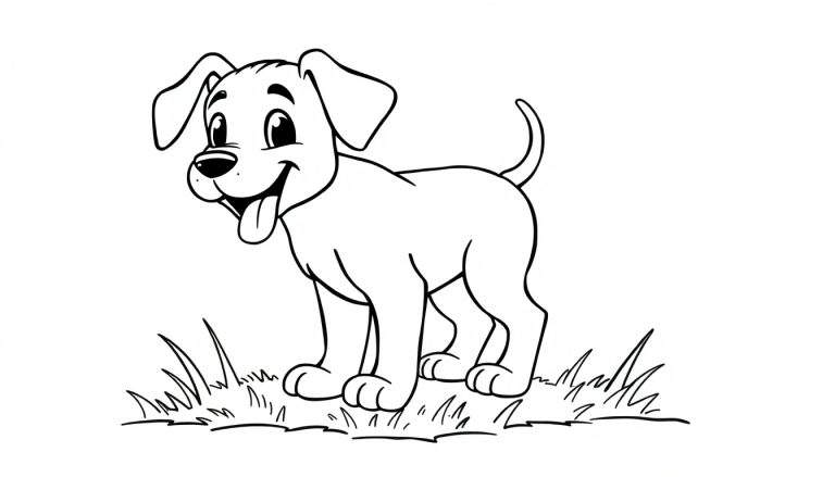 Un cachorro de dibujos animados en blanco y negro sobre hierba, listo para colorear con una placa de color.