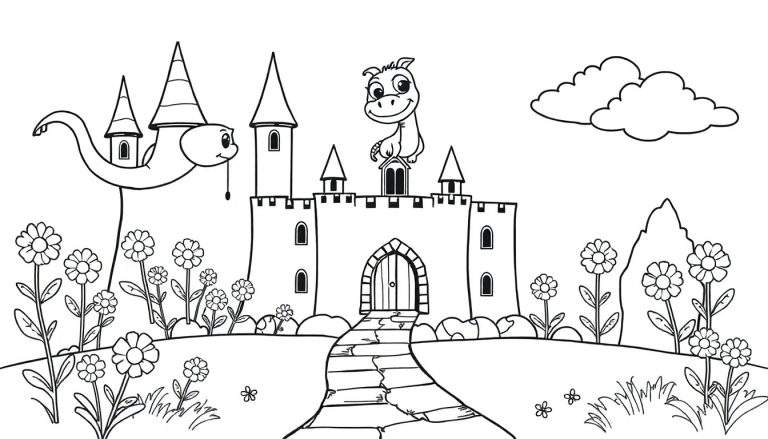 Página para colorear de un castillo de fantasía con un dragón amigable, un personaje gusano y flores, lista para añadir color.
