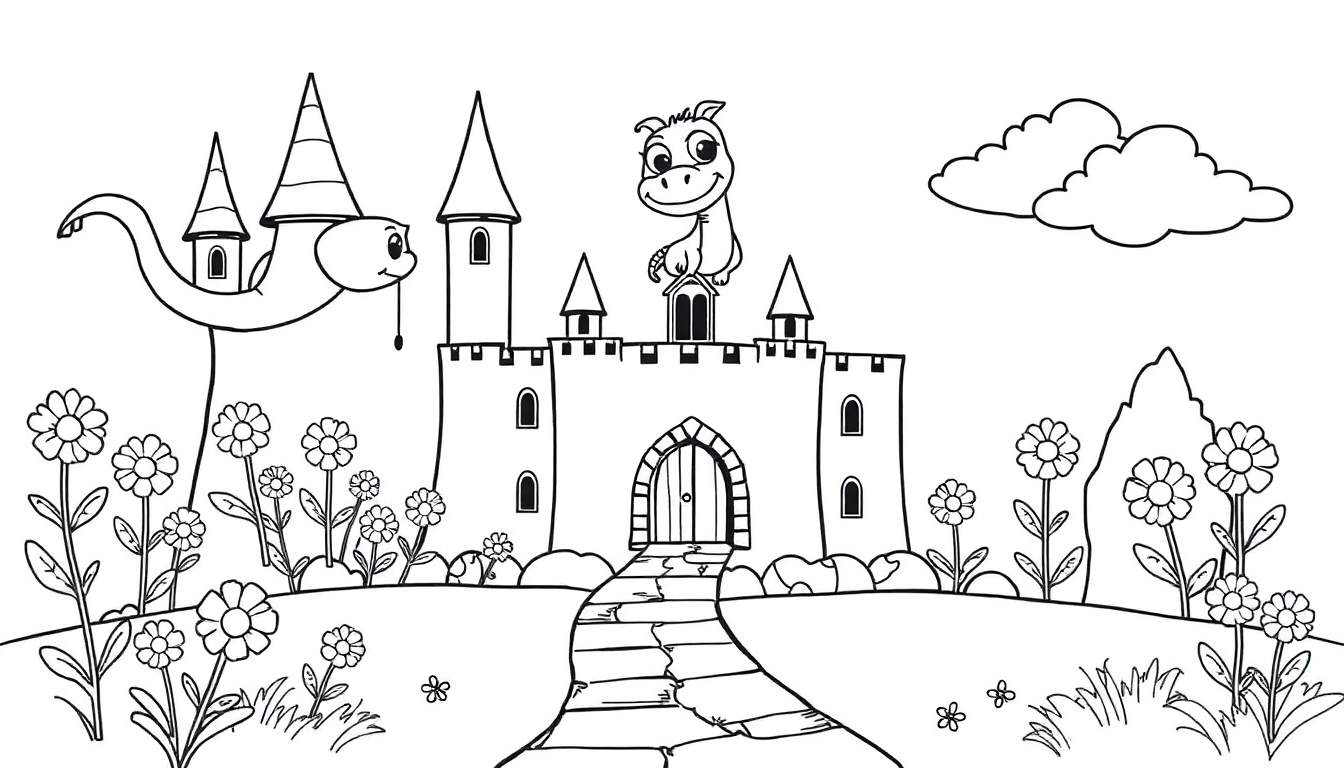 Página para colorear de un castillo de fantasía con un dragón amigable, un personaje gusano y flores, lista para añadir color.