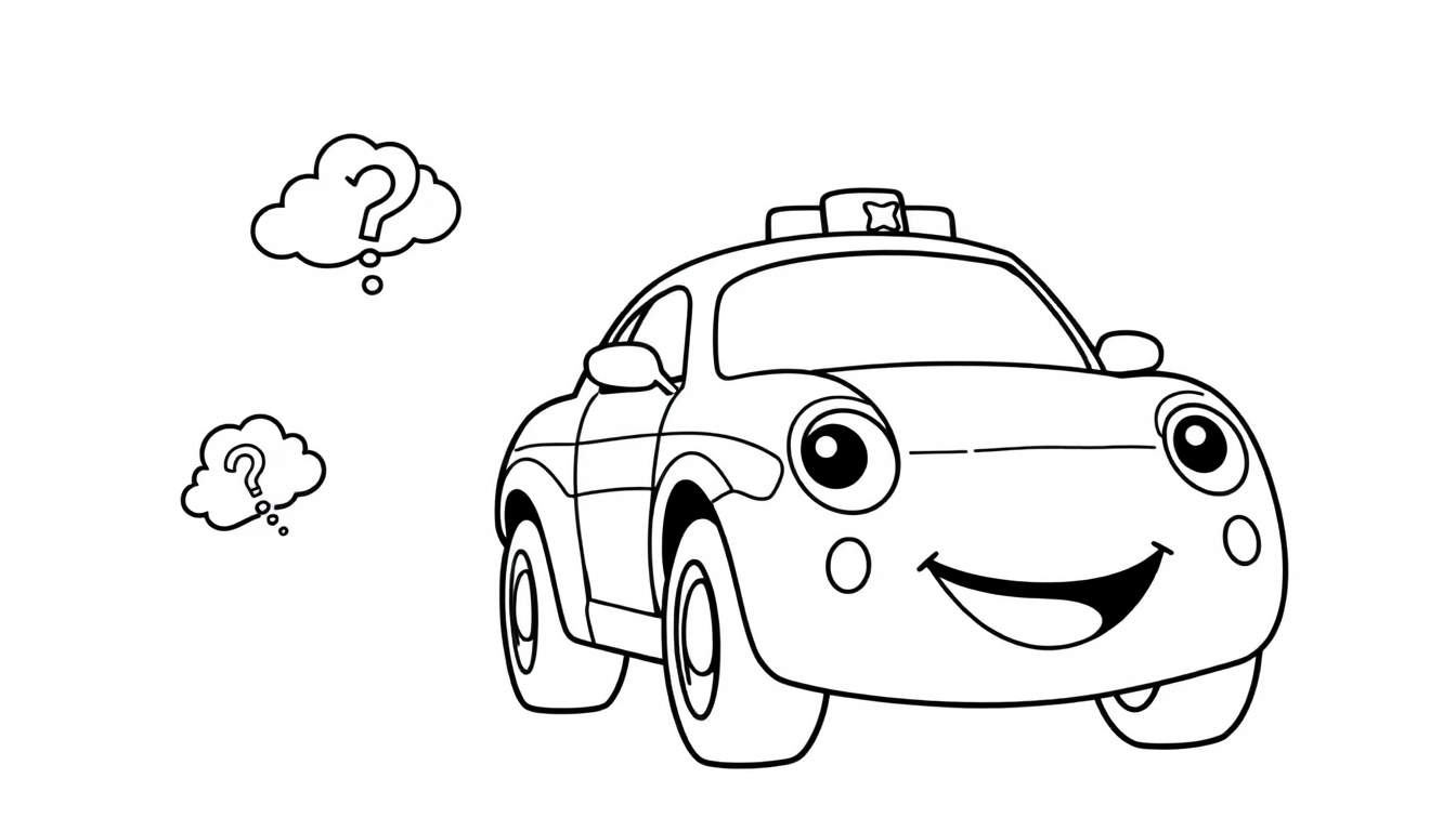 Un coche de dibujos animados sonriente con signo de interrogación en burbujas de pensamiento, estilo de placa de color.