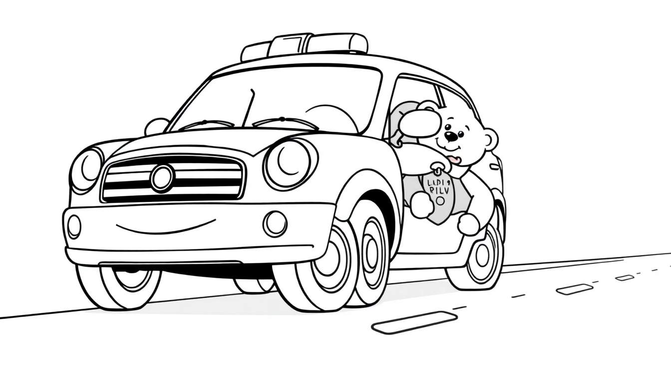 Un coche de policía de dibujos animados con un oso de peluche conduciendo, sosteniendo una placa de color.