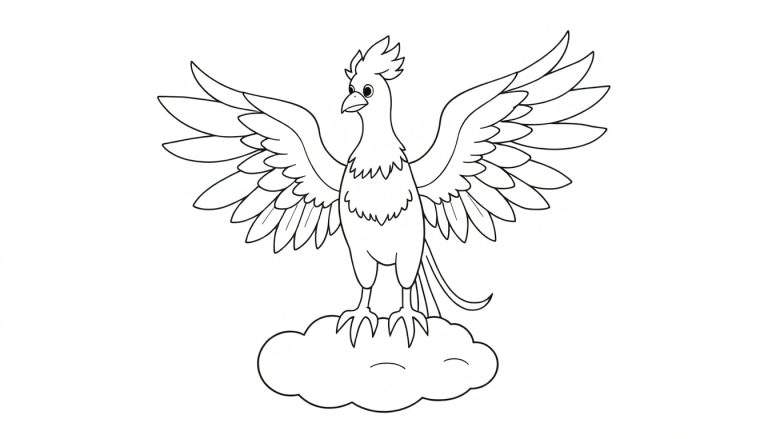 Un dibujo a lápiz de un fénix en una nube, listo para colorear.