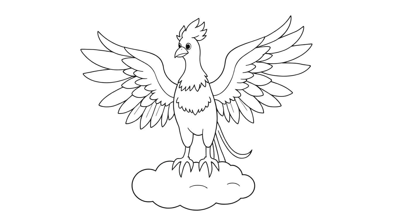 Un dibujo a lápiz de un fénix en una nube, listo para colorear.