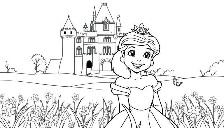 Dibujo lineal de una princesa de dibujos animados sonriendo en un campo de flores con un castillo al fondo, listo para ser coloreado con la placa de color.