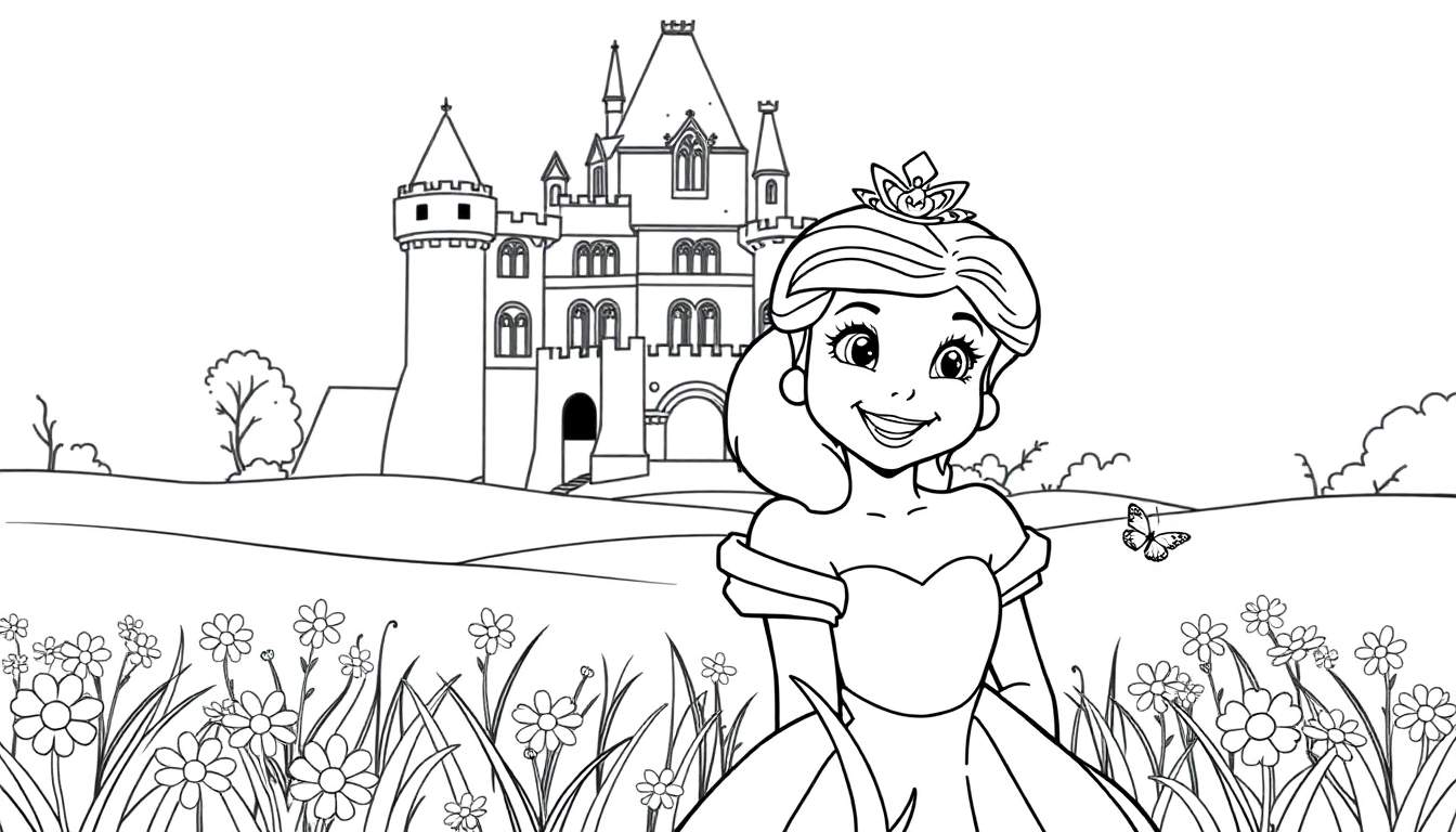 Dibujo lineal de una princesa de dibujos animados sonriendo en un campo de flores con un castillo al fondo, listo para ser coloreado con la placa de color.