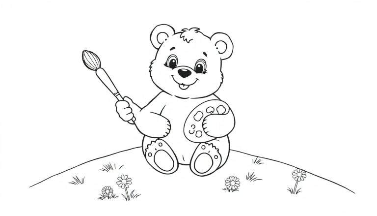Un oso de peluche amigable con una paleta de colores y un pincel, listo para pintar sobre un fondo blanco.