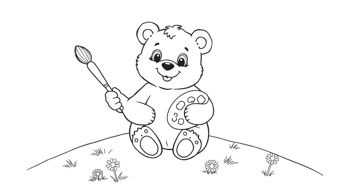 Un oso de peluche amigable con una paleta de colores y un pincel, listo para pintar sobre un fondo blanco.