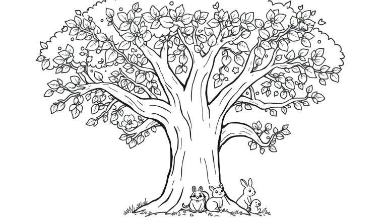 Página para colorear de un árbol amigable con animales, lista para usar una placa de color.