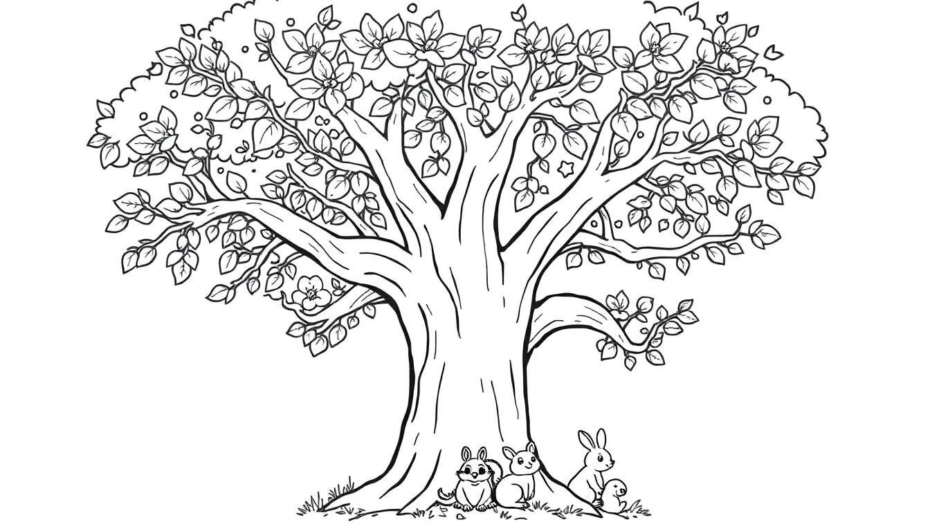 Página para colorear de un árbol amigable con animales, lista para usar una placa de color.