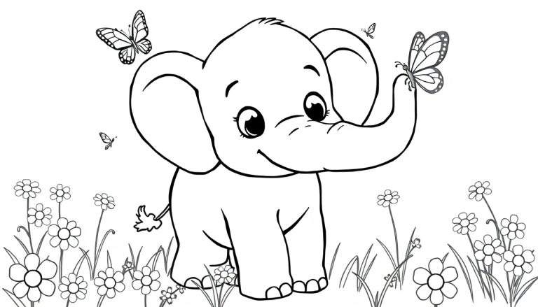 Elefante bebé sonriente en una placa de color con flores y mariposas.