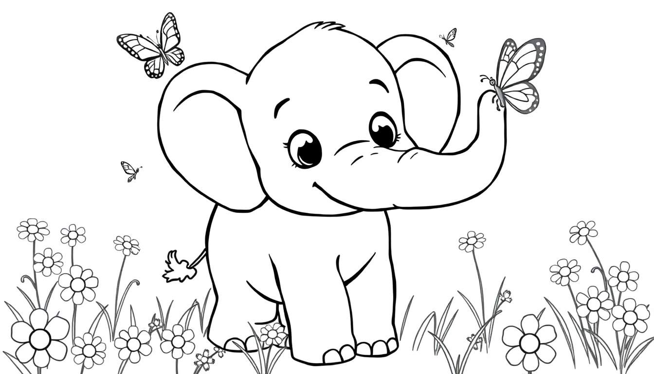 Elefante bebé sonriente en una placa de color con flores y mariposas.