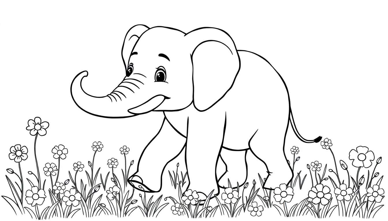 Un dibujo lineal en blanco y negro de un elefante amigable paseando entre flores, listo para colorear en una placa de color.