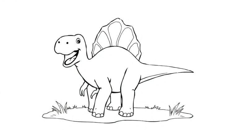 Un dibujo de un Espinosaurio sonriente y listo para colorear, con su gran vela en la espalda. Una placa de color para niños.