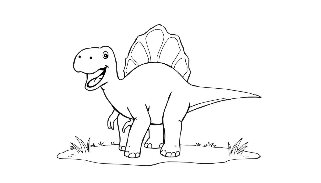Un dibujo de un Espinosaurio sonriente y listo para colorear, con su gran vela en la espalda. Una placa de color para niños.