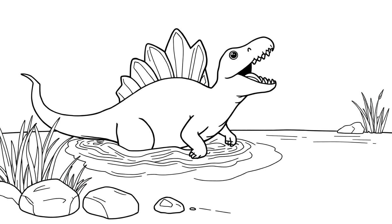 Dibujo de un Espinosaurio con grandes placas de color en la espalda jugando en el agua.