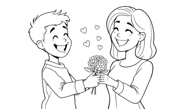 Dibujo para colorear en blanco y negro de un niño sonriente dando un ramo de flores a una mamá sonriente, con pequeños corazones flotando. Un día especial en la placa de color.