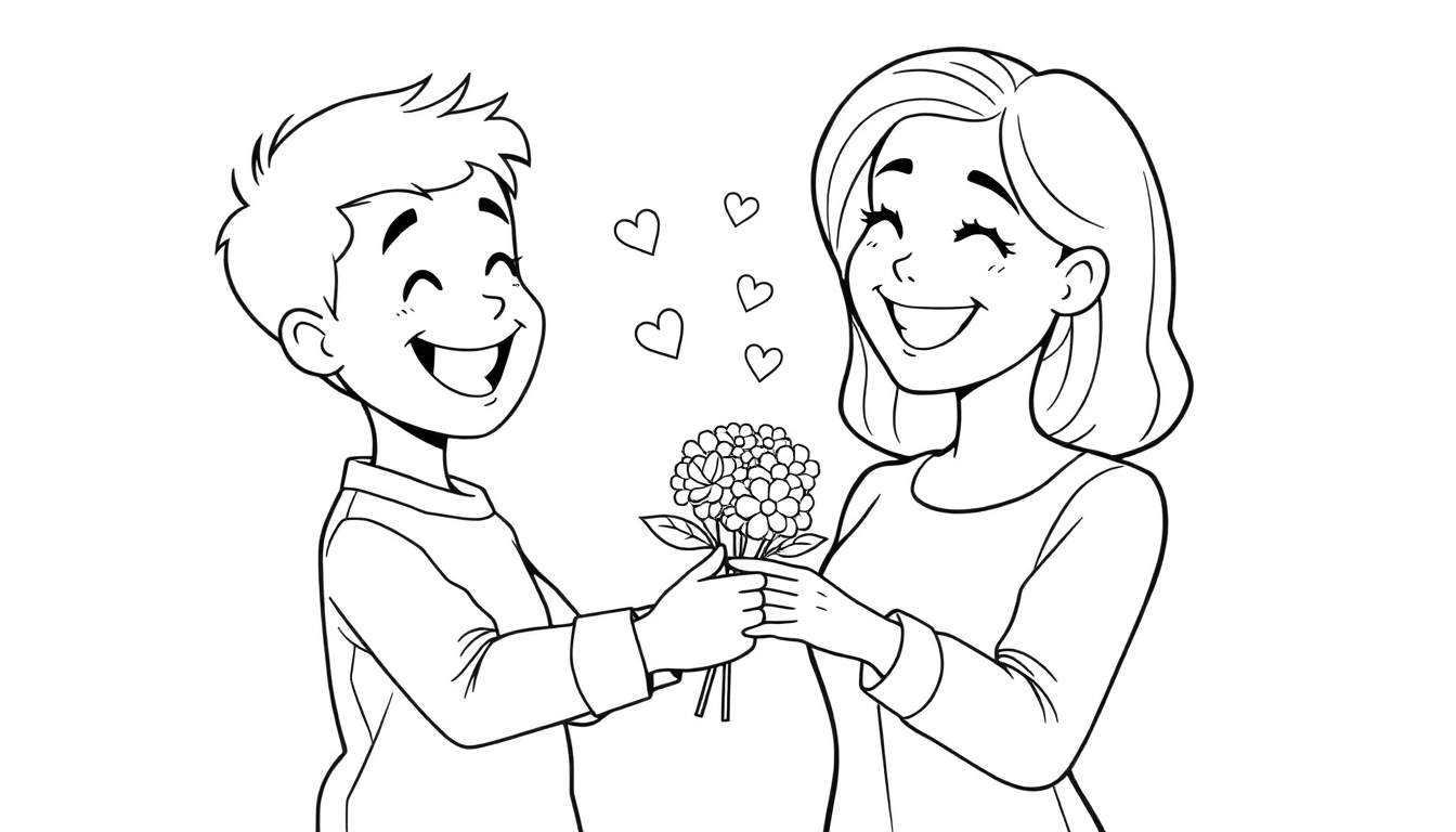 Dibujo para colorear en blanco y negro de un niño sonriente dando un ramo de flores a una mamá sonriente, con pequeños corazones flotando. Un día especial en la placa de color.