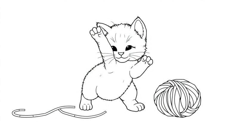 Un gatito tierno jugando con un ovillo de lana, listo para colorear, con contornos gruesos en una placa de color.