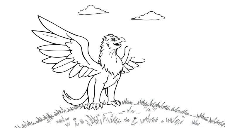 Un dibujo lineal de un grifo amigable listo para volar, para colorear en una placa de color.
