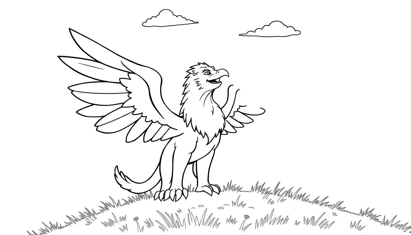 Un dibujo lineal de un grifo amigable listo para volar, para colorear en una placa de color.