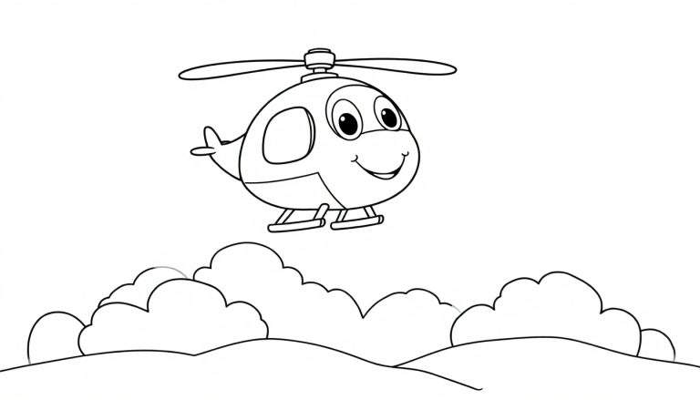 Placa de color de un helicóptero sonriente volando sobre montañas y nubes.