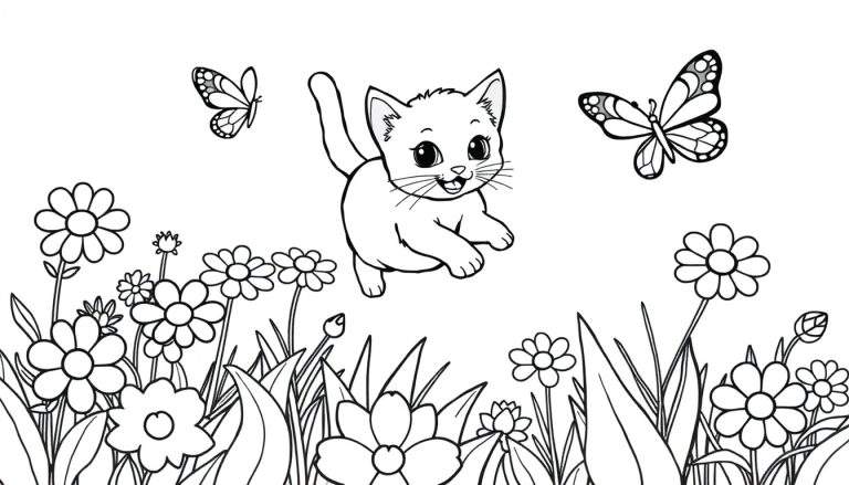Placa de color de un gatito persiguiendo mariposas entre flores.
