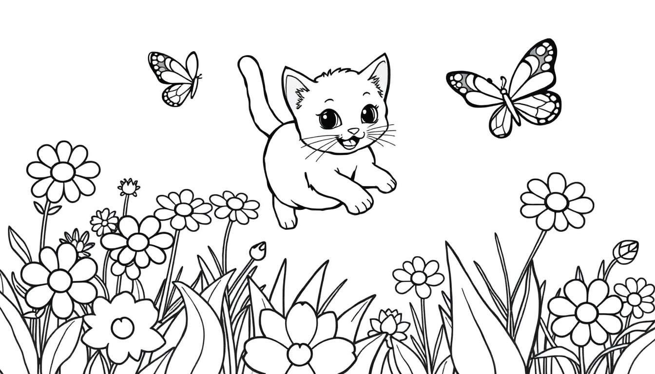 Placa de color de un gatito persiguiendo mariposas entre flores.