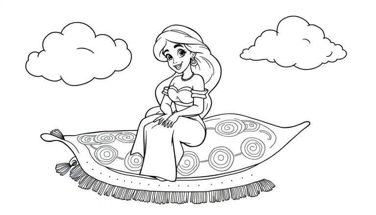 Página para colorear de la princesa Jasmine en su alfombra voladora entre nubes.