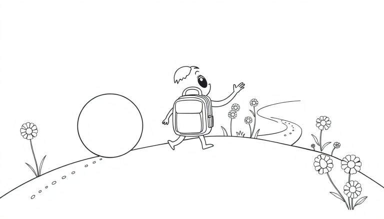 Dibujo en blanco y negro de un personaje animado con mochila saludando, caminando por un paisaje con un círculo grande y flores.