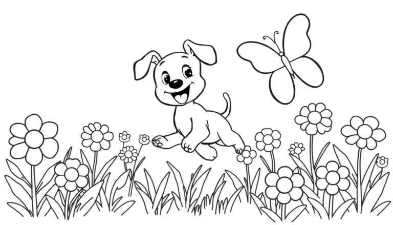 Un cachorro blanco y negro con la lengua afuera salta felizmente en un campo de flores con una mariposa revoloteando cerca. Es una imagen ideal para una placa de color.