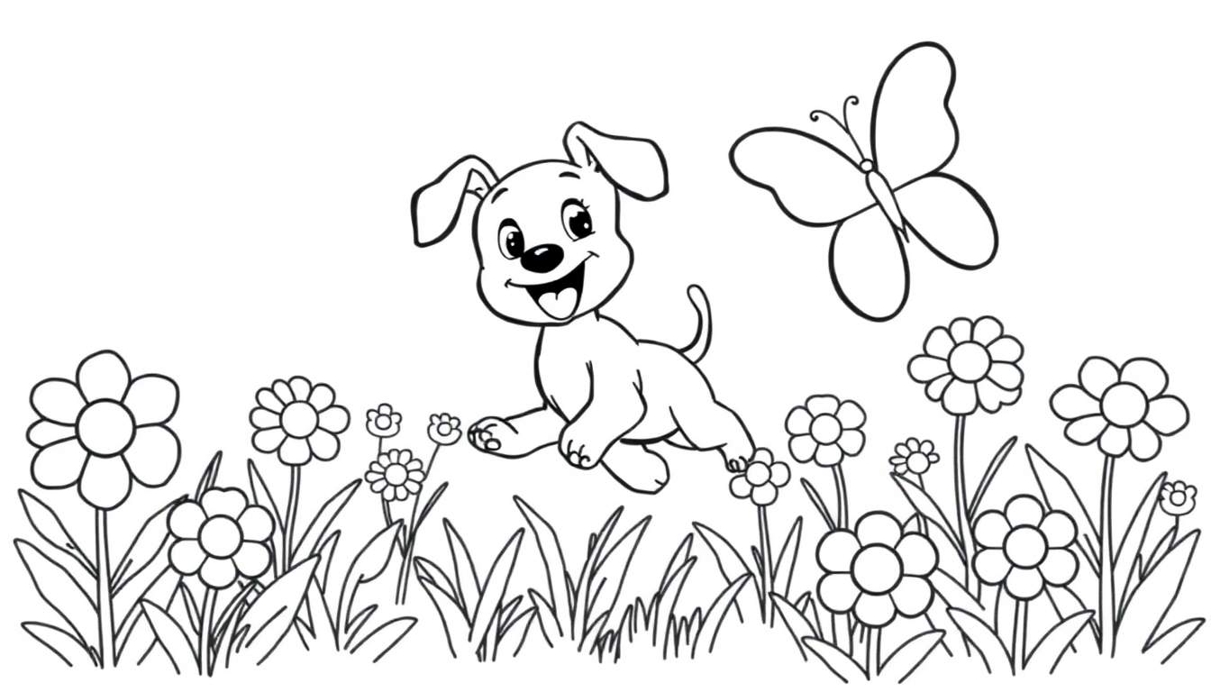 Un cachorro blanco y negro con la lengua afuera salta felizmente en un campo de flores con una mariposa revoloteando cerca. Es una imagen ideal para una placa de color.