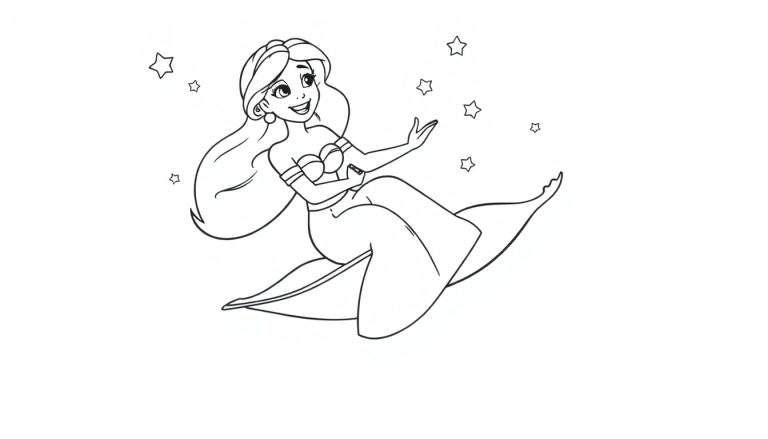 Placa de color de una princesa de dibujos animados con pelo largo sentada en una alfombra mágica estrellada.