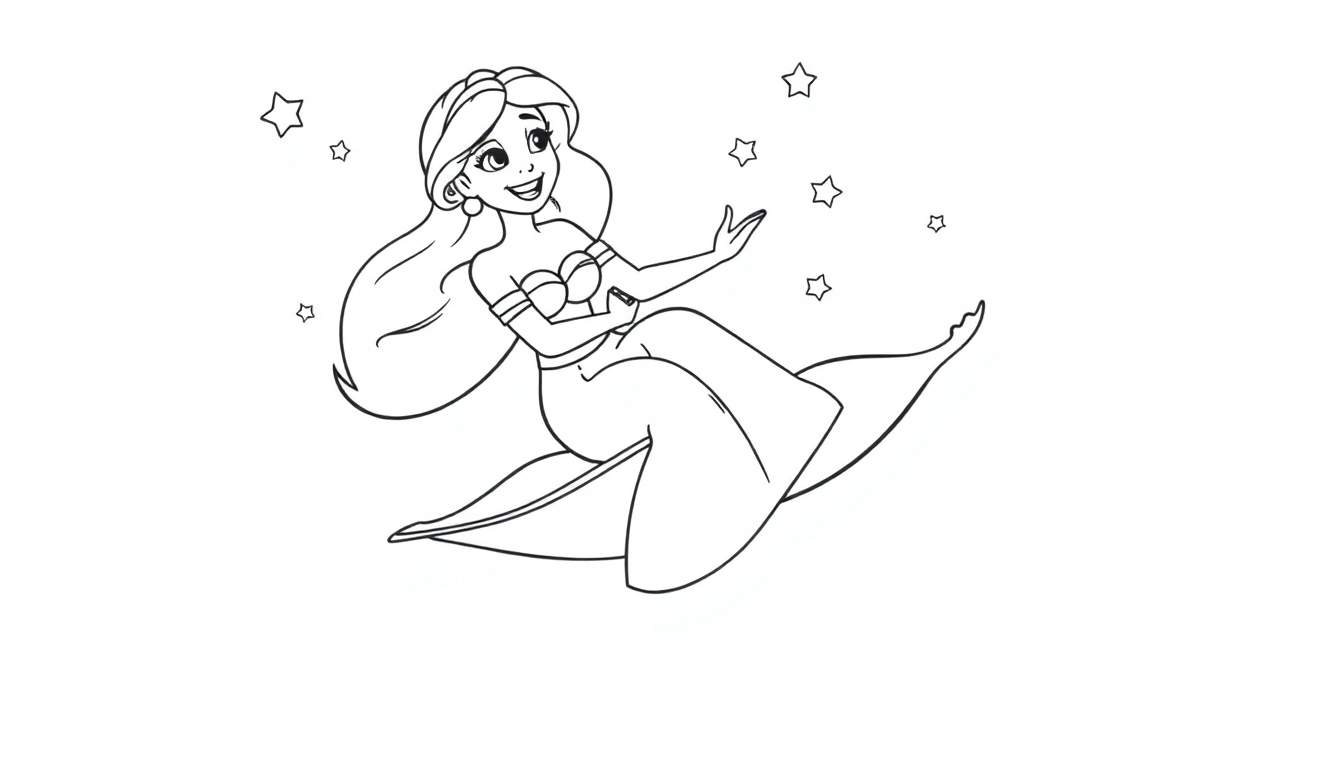 Placa de color de una princesa de dibujos animados con pelo largo sentada en una alfombra mágica estrellada.