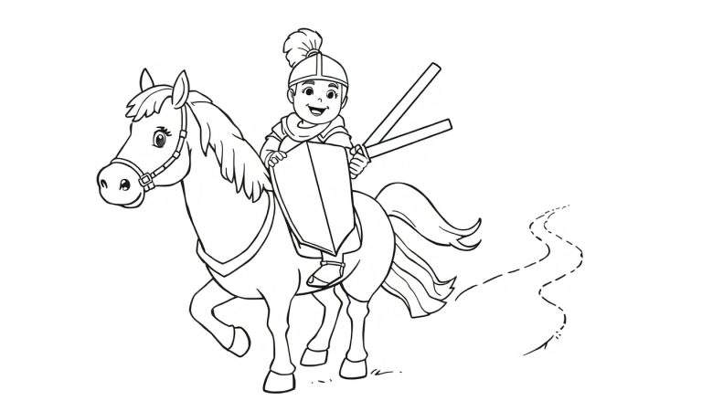 Un caballero infantil sonriente con casco y pluma, montado en un caballo sonriente, sostiene un escudo y dos lanzas, dejando un rastro de huellas. Página para colorear de placa de color.