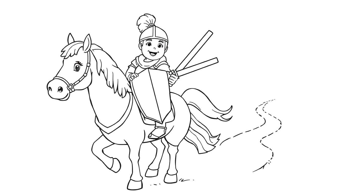 Un caballero infantil sonriente con casco y pluma, montado en un caballo sonriente, sostiene un escudo y dos lanzas, dejando un rastro de huellas. Página para colorear de placa de color.