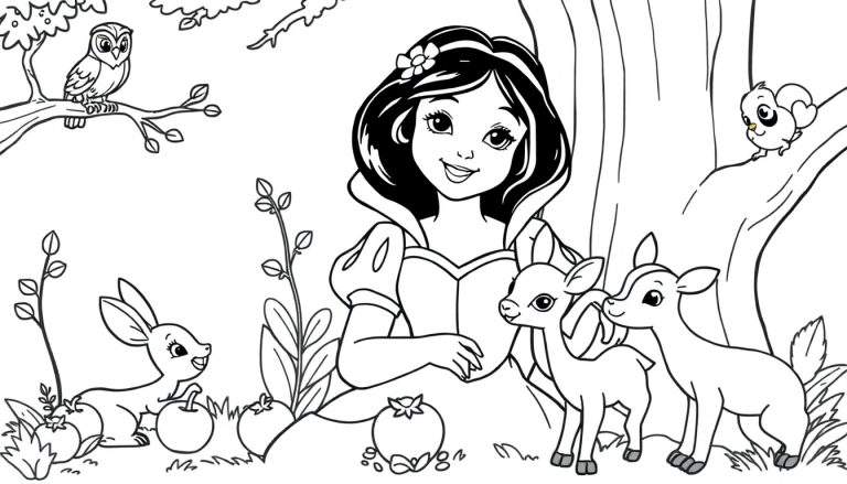 Blancanieves sonriente en un bosque con animales y manzanas, una placa de color para colorear.