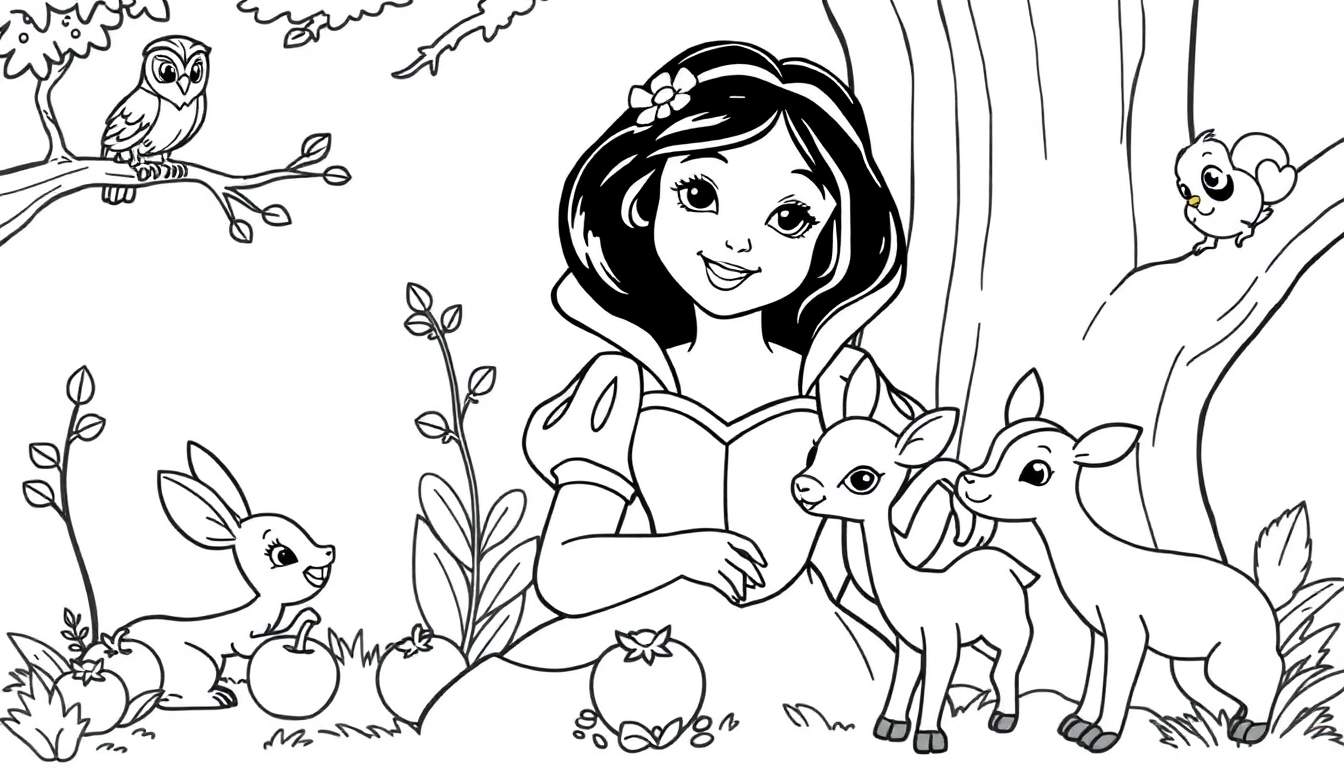 Blancanieves sonriente en un bosque con animales y manzanas, una placa de color para colorear.