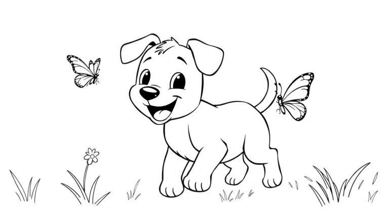 Un cachorro feliz persiguiendo mariposas en un jardín, con una flor y hierba. Dibujo lineal en blanco y negro para colorear. Placa de color.